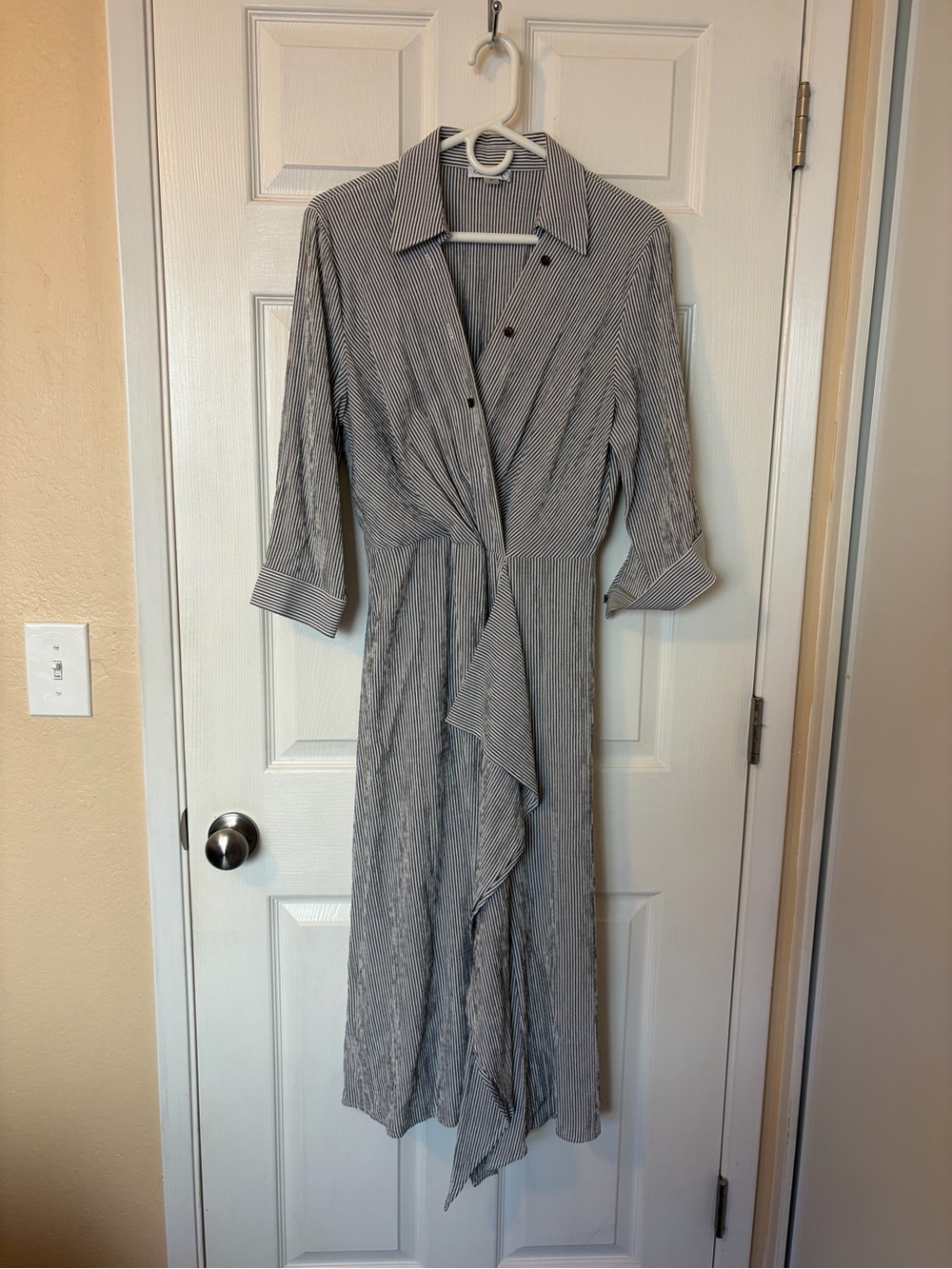 Calvin Klein Gray Pinstripe Wrap Midi Dress